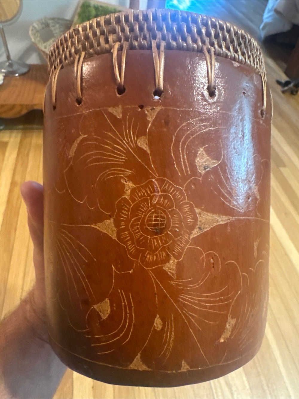 Pier 1 Imports Etched Floral Vessel with Rattan Rim Brown Boho Decor